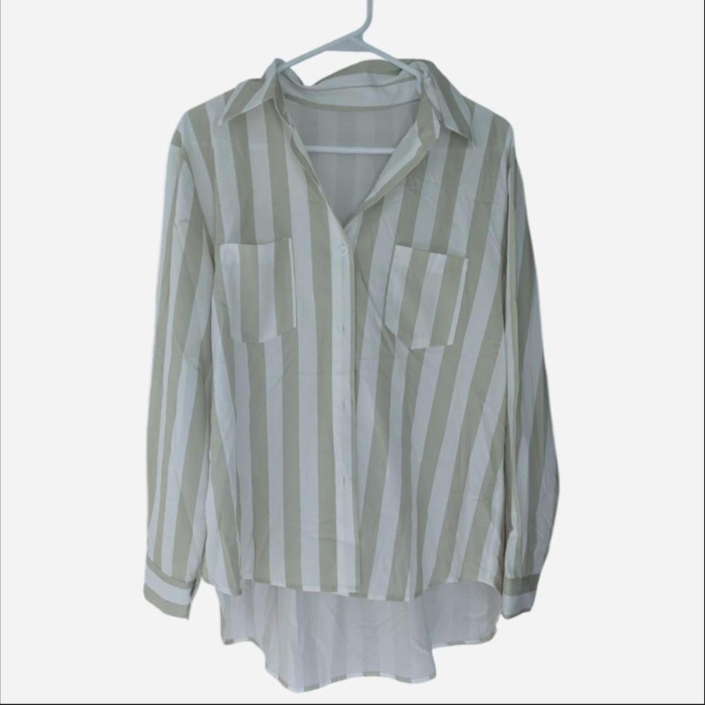 Striped Button-Up Shirt in Green and White